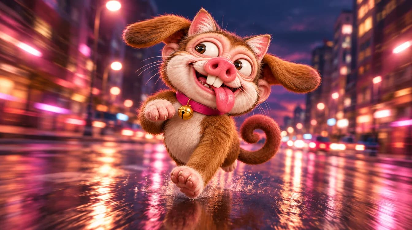 The creature sprinting down a wet city street at night, ears flying