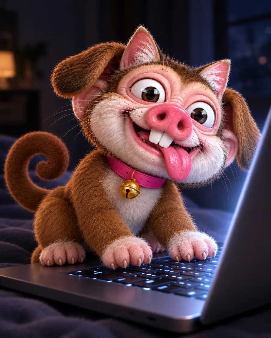 The creature sitting on a laptop keyboard, lit by the screen