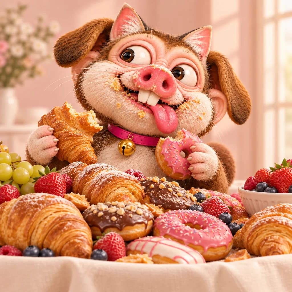 The creature behind a pile of donuts and croissants, cheeks full