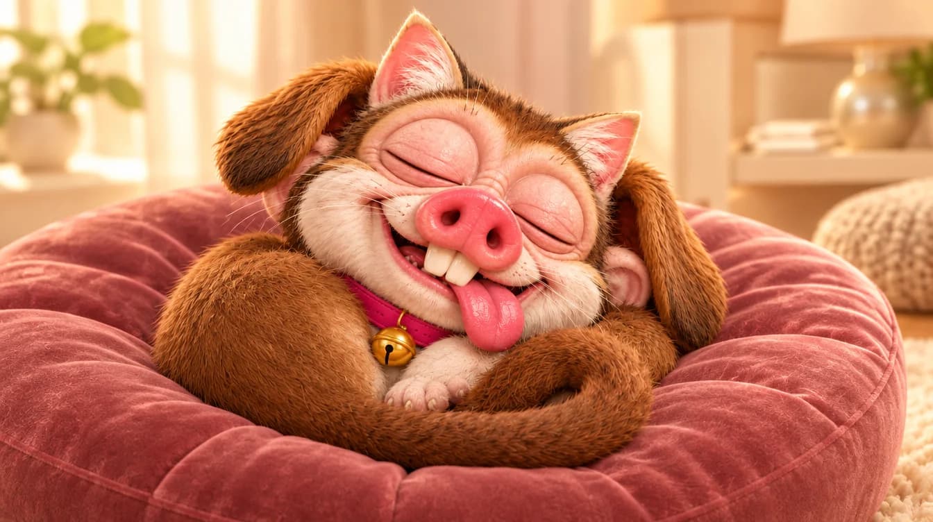 The creature asleep on a velvet cushion with its tongue out