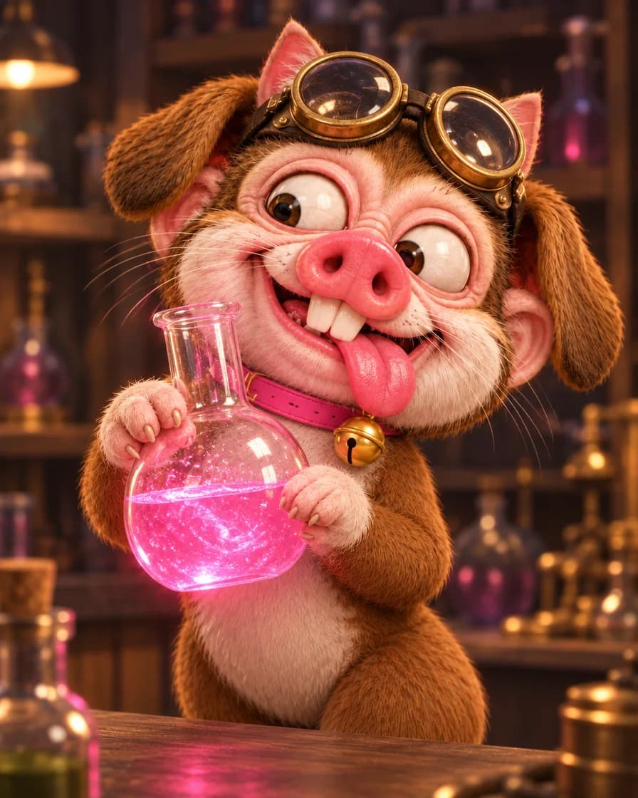 The creature in brass lab goggles holding a flask of glowing pink liquid