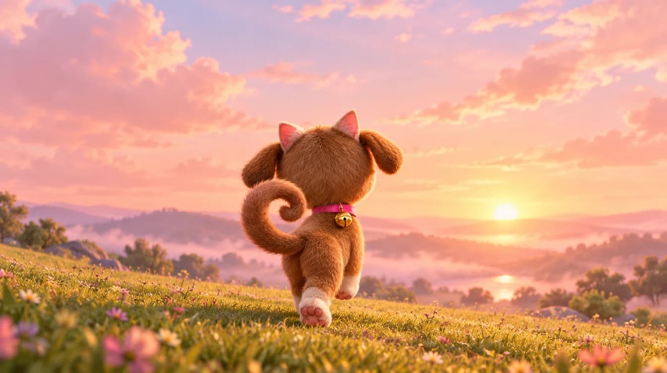 The creature seen from behind, walking toward a sunrise