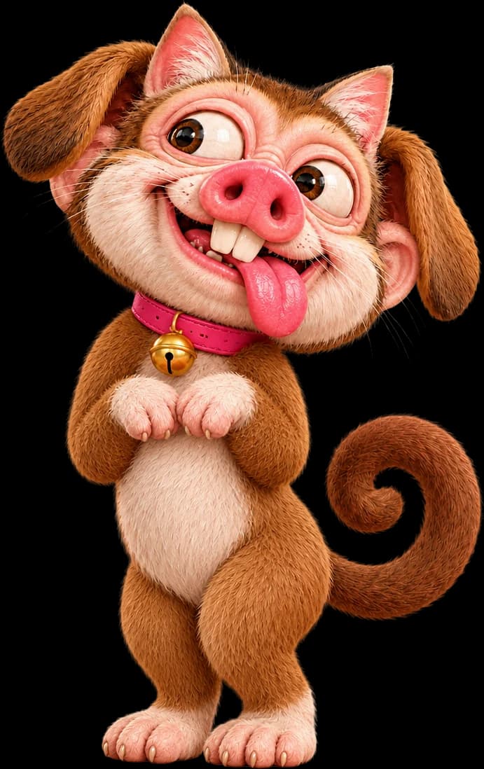 CatDogPigMonkey standing with its paws folded, tongue out